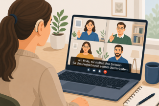 Illustration einer Person mit Hörgerät, die an einem Laptop an einer Videokonferenz mit vier Teilnehmenden teilnimmt. Auf dem Bildschirm sind gut lesbare Untertitel eingeblendet. Die Szene zeigt eine ruhige Arbeitsumgebung mit Schreibtisch, Pflanze, Tasse und Notizbuch.
