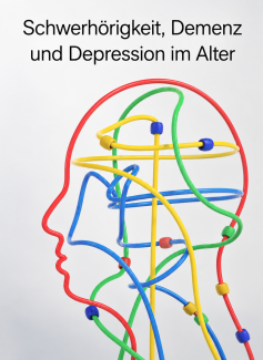 Grafik mit der Überschrift „Schwerhörigkeit, Demenz und Depression im Alter“. Darunter ist auf weißem Hintergrund der Umriss eines menschlichen Kopfes im Profil zu sehen. Im Inneren verlaufen mehrere ineinander verschlungene, bunte Drähte in Rot, Gelb, Grün und Blau, die an ein Geduldsspiel erinnern.