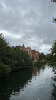 Mehrstöckige Backsteingebäude mit spitzen Giebeln stehen am Ufer eines ruhigen Flusses. Dichte grüne Bäume säumen beide Seiten des Wassers. Der Himmel ist von dichten grauen Wolken bedeckt, was eine gedämpfte Lichtstimmung erzeugt.