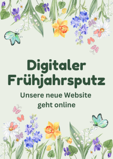 Digitaler Frühjahrsputz. Unsere neue Website geht online. Bild ist ausgeschmückt mit vielen schönen, blühende Frühlingsblumen.