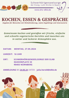 Einladung zur Kochveranstaltung der Schwerhörigenseelsorge: Abgebildet sind vier Personen als gesellige Kochgruppe: Eine mit Kochlöffel und Schüssel, eine mit grüner Flasche in den Händen und zwei Personen aneinander gelehnt. 